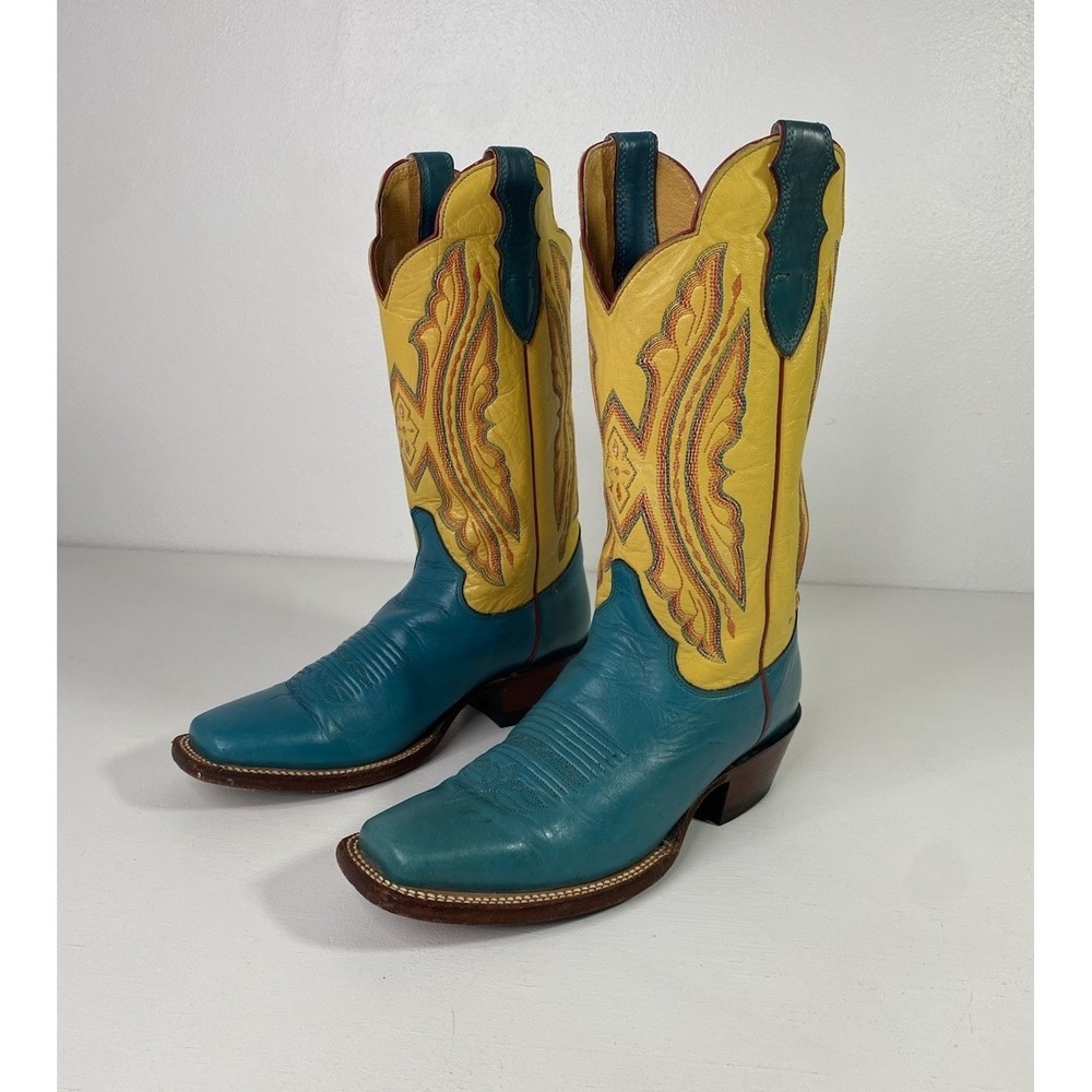 Justin Yellow/Teal Leather Square Toe Western Boots, Women's 7.5 B Style L2672